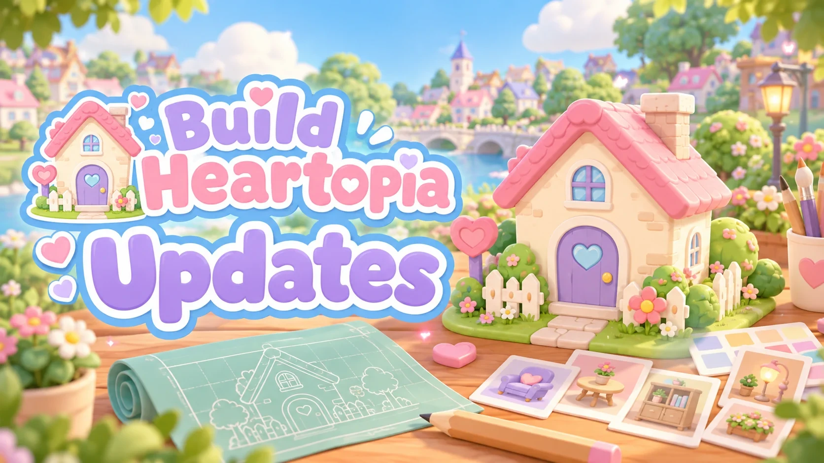 Build Heartopia Updates artwork with a small pink-roofed house and building plans.