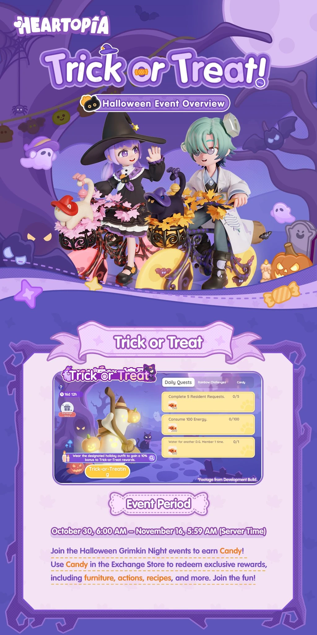 Official Grimkin Night overview with development-build screenshots and Halloween event dates