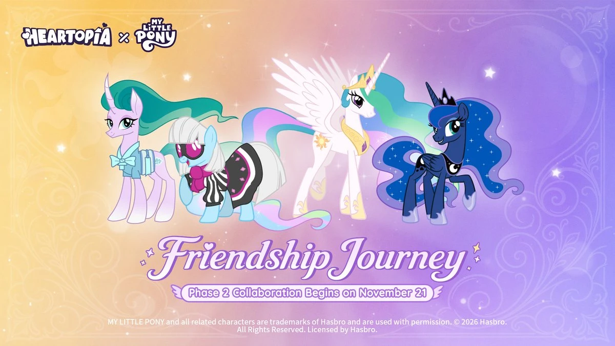 Official Heartopia and My Little Pony Phase 2 artwork with four ponies and the November 21 date