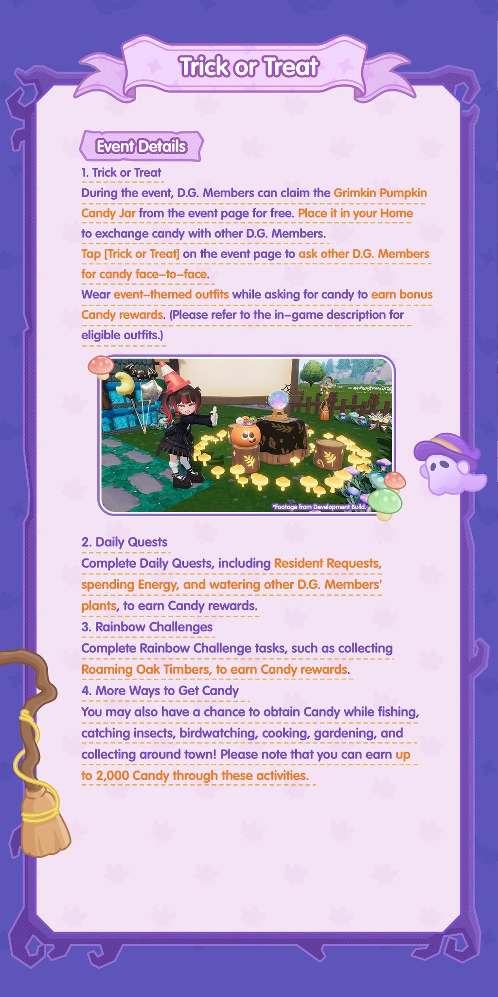 Official Trick or Treat guide showing the Grimkin Pumpkin Candy Jar, Candy activities and development-build screenshots