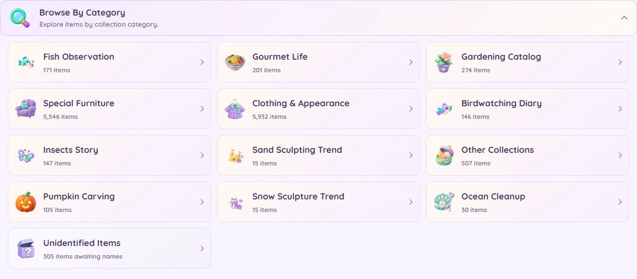 The expanded Browse By Category panel with illustrated collection links, including Gourmet Life, Special Furniture, and Clothing & Appearance.