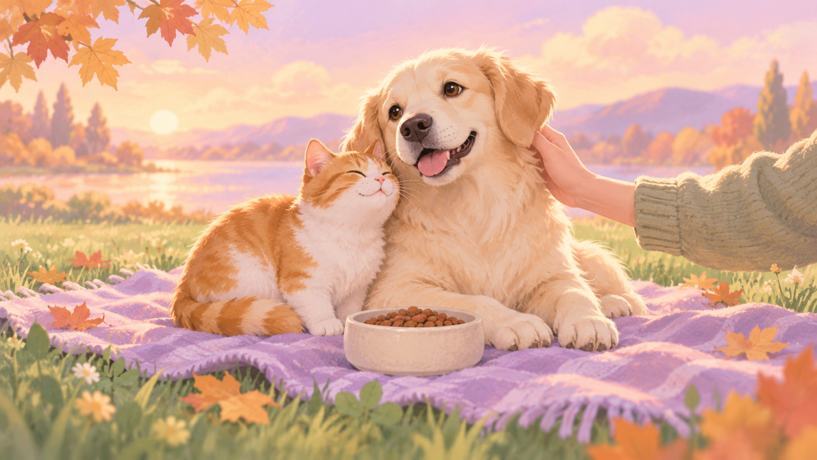 Editorial illustration of a dog and cat sharing a blanket beside a food bowl in an autumn setting