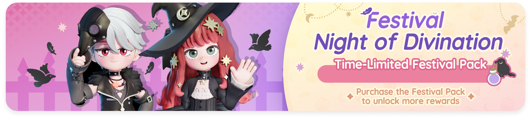 Night of Divination festival banner featuring the Otherwalker Crow and Witch outfits and a Festival Pack promotion