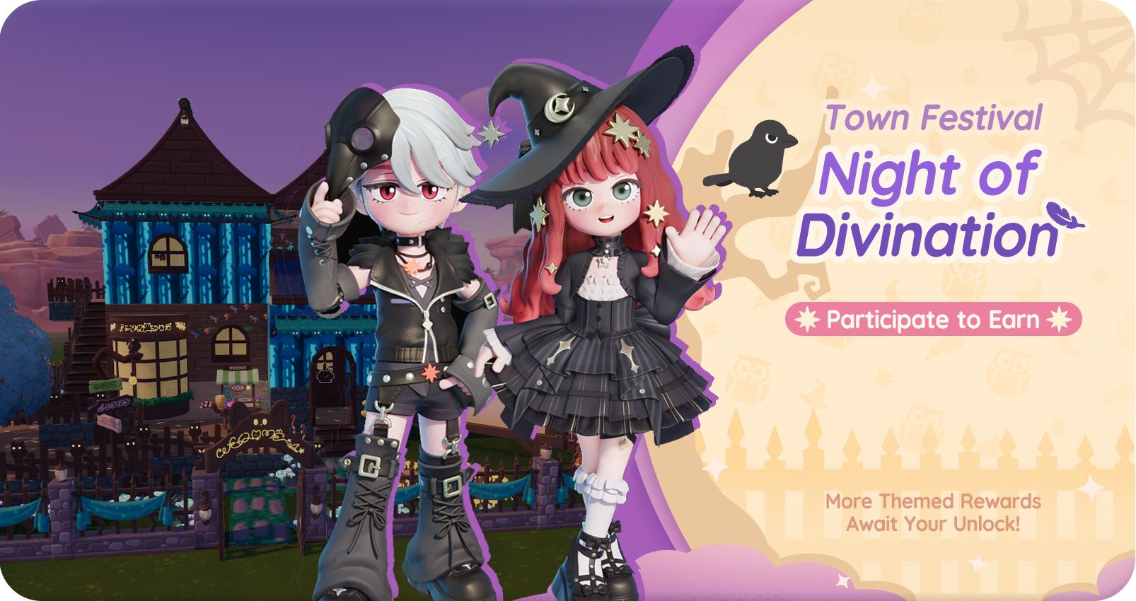 Night of Divination Town Festival artwork featuring the Otherwalker Crow and Witch outfits beside a spooky cottage