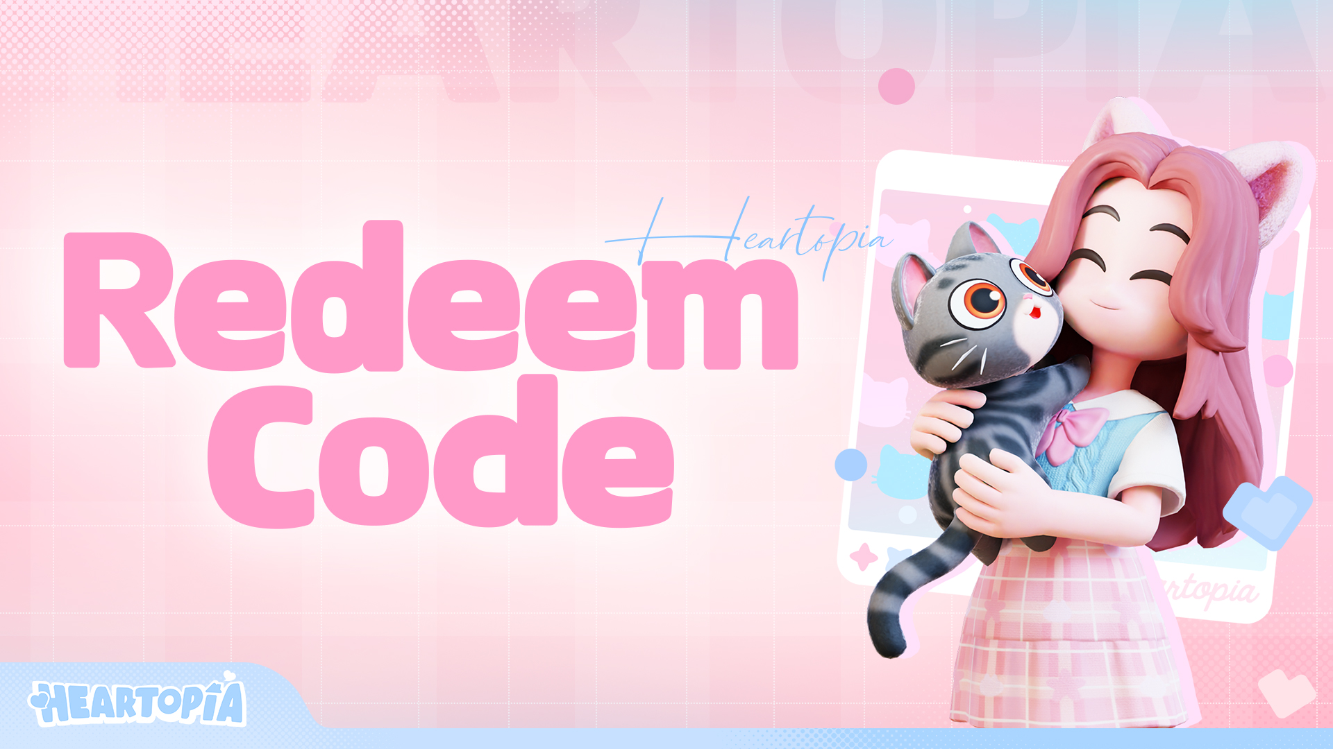 Official Heartopia Redeem Code banner with a pink-haired character holding a cat